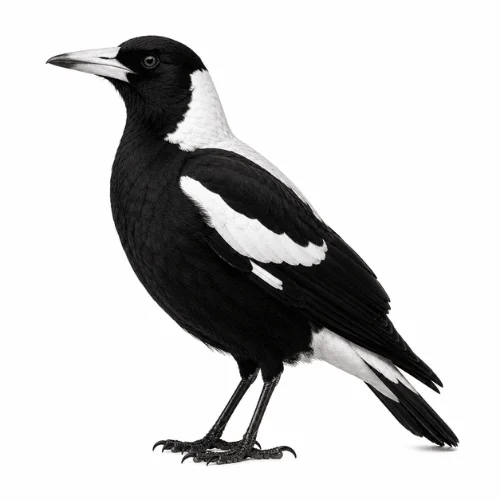 Australian Magpie on white background facing left displaying key identifying features.