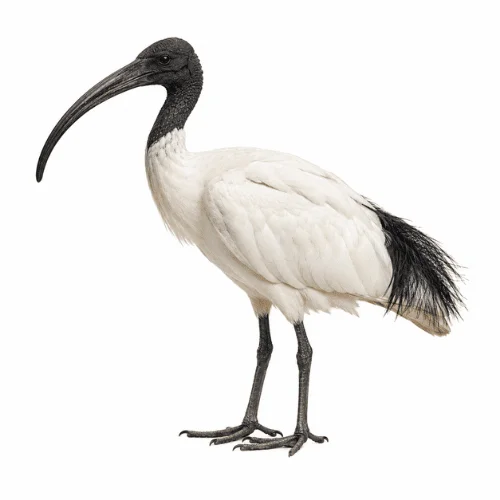 Australian White Ibis on white background facing left displaying distinctive curved beak.