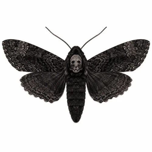 Black Witch Moth on white background with wings spread showing identifying features.