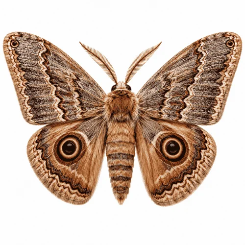 Bogong Moth on white background displaying characteristic wing markings and body shape.