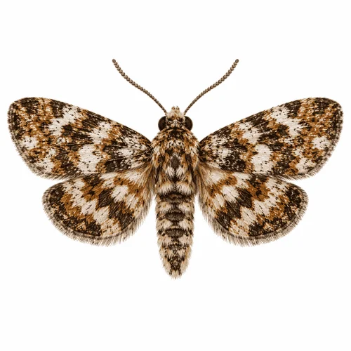Carpet Moth on white background facing left displaying characteristic wing markings.