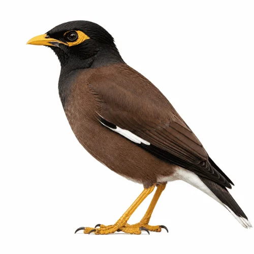 Common Myna bird on white background facing left showing identifying features.