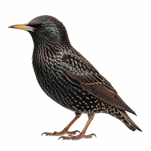 Common Starling on white background facing left displaying speckled plumage.