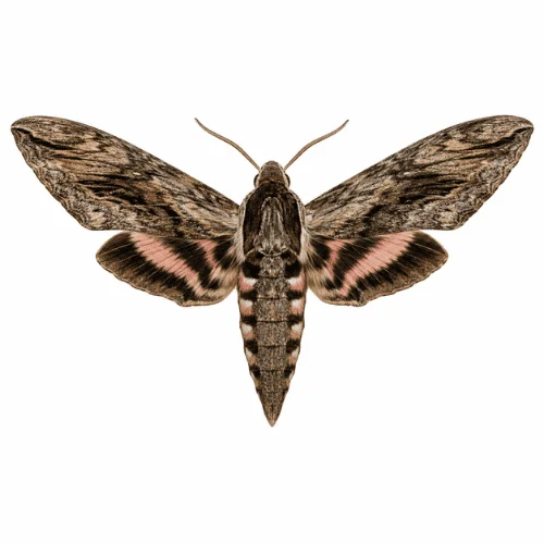 Hawk Moth on white background facing left showing aerodynamic body and wing patterns.