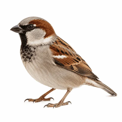 House Sparrow on white background facing left showing identifying characteristics.