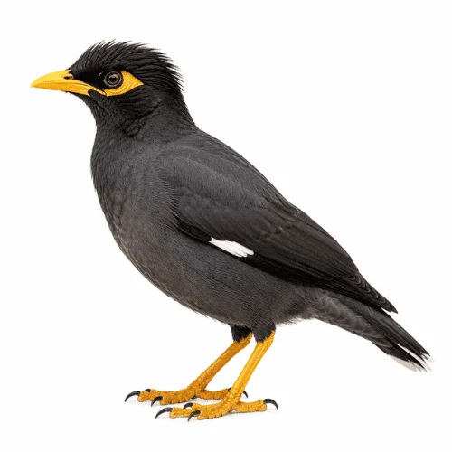 Noisy Miner bird on white background facing left showing identification markings.