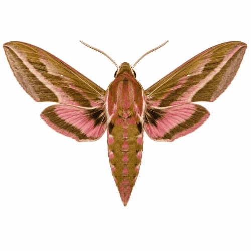 Oleander Hawk Moth on white background showing distinctive wing markings and colours.