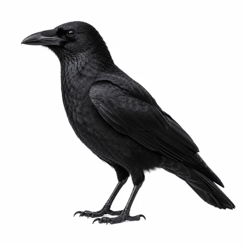 Torresian Crow on white background facing left displaying identifying features.