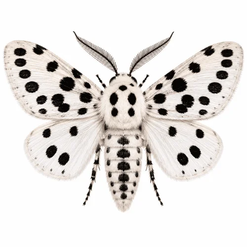 White Cedar Moth on white background showing spotted wings and identifying characteristics.